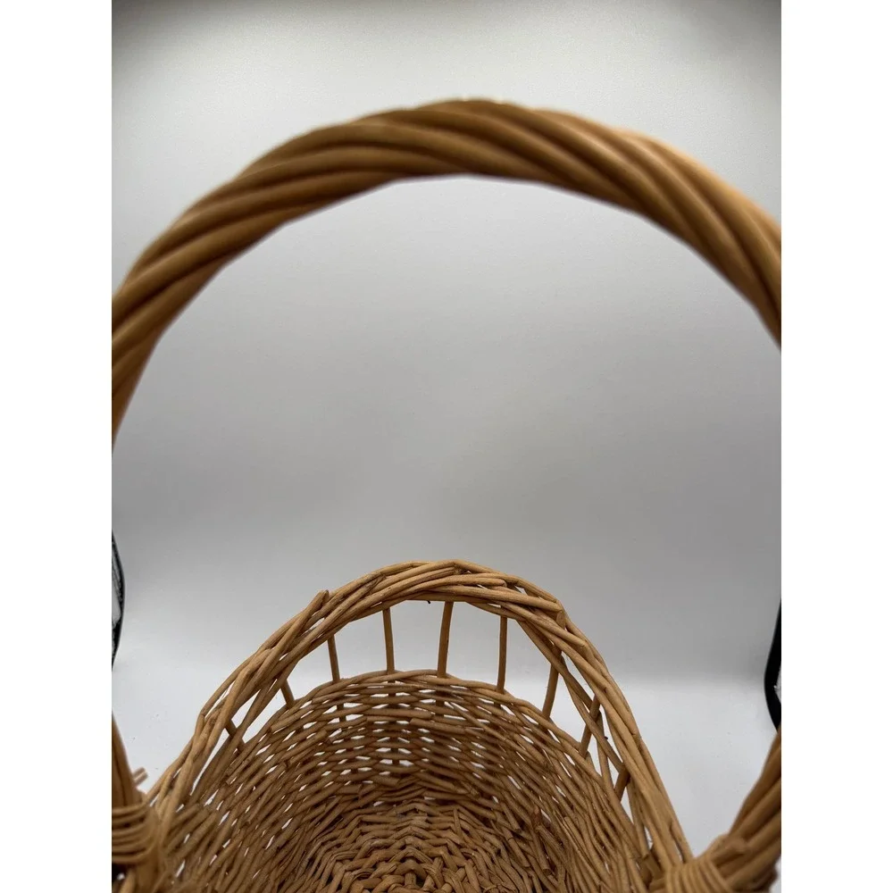 Vintage Rustic Woven Wicker Basket with High Handle Scalloped Rim Tan Willow‎